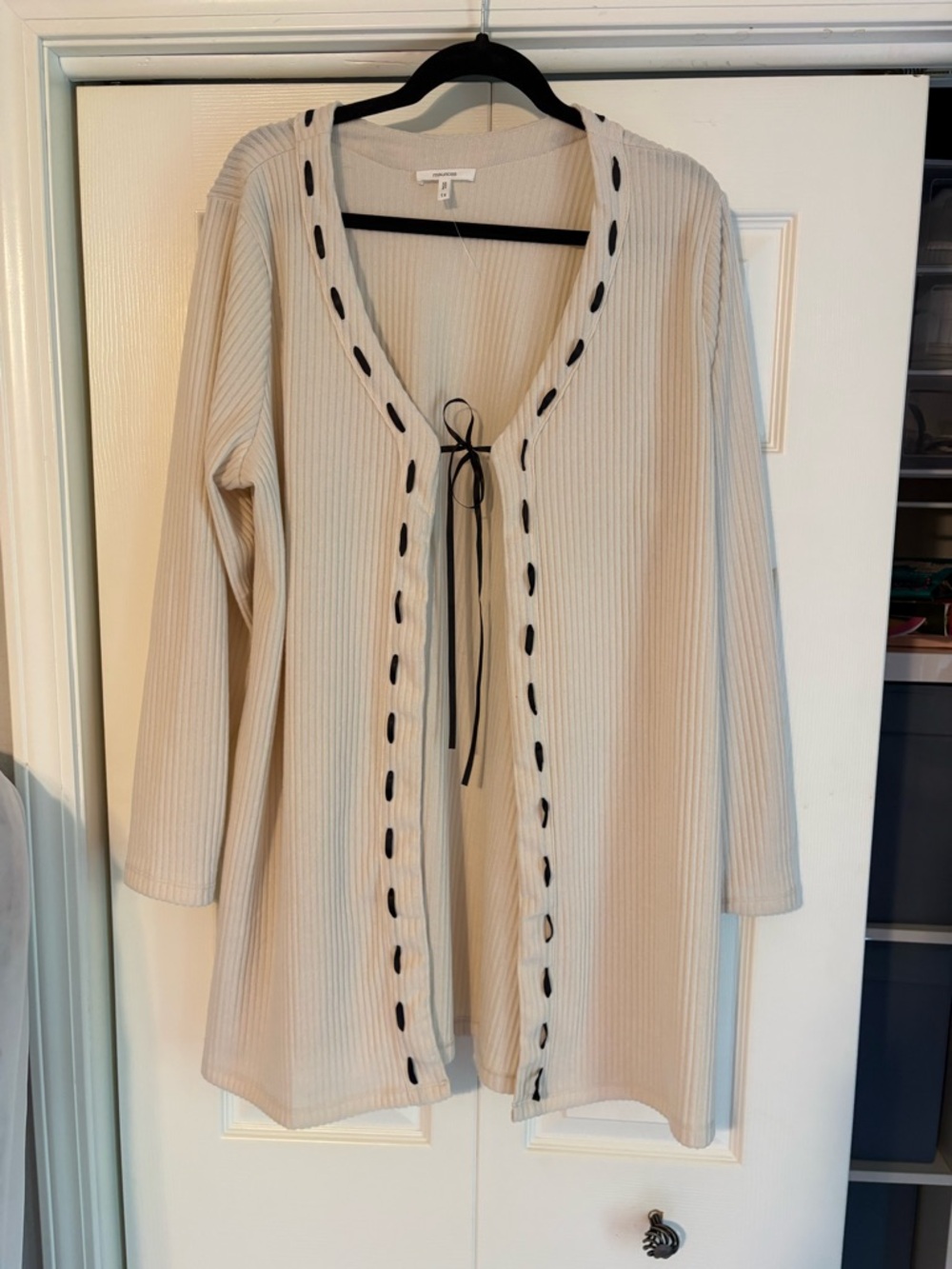 Maurices Cream Ribbed Open Front Cardigan with Black Tie